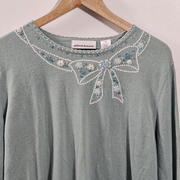 Alfred Dunner Ramie Blend Beaded Bow Knit Sweater Size XL Sparkles Embroidered - Picture 2 of 5